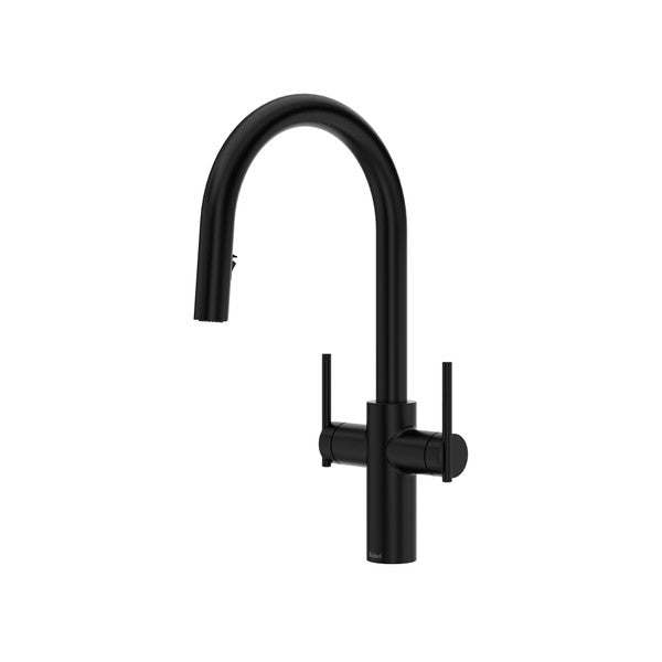 Lateral Two Handle Pull-Down Kitchen Faucet With C-Spout