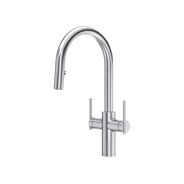 Lateral Two Handle Pull-Down Kitchen Faucet With C-Spout