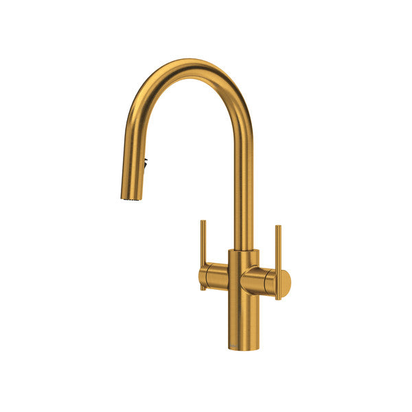 Lateral Two Handle Pull-Down Kitchen Faucet With C-Spout