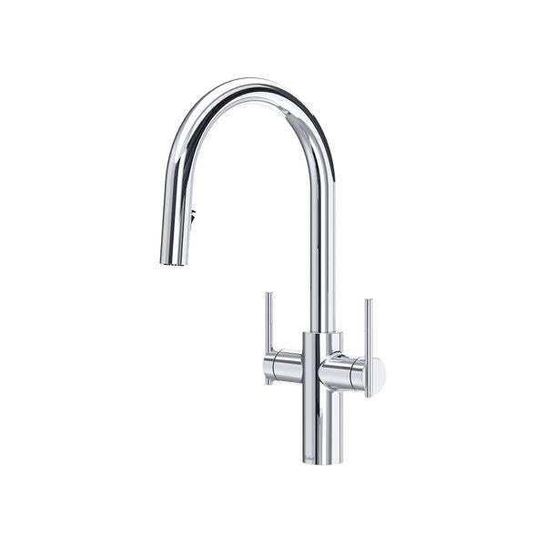 Lateral Two Handle Pull-Down Kitchen Faucet With C-Spout